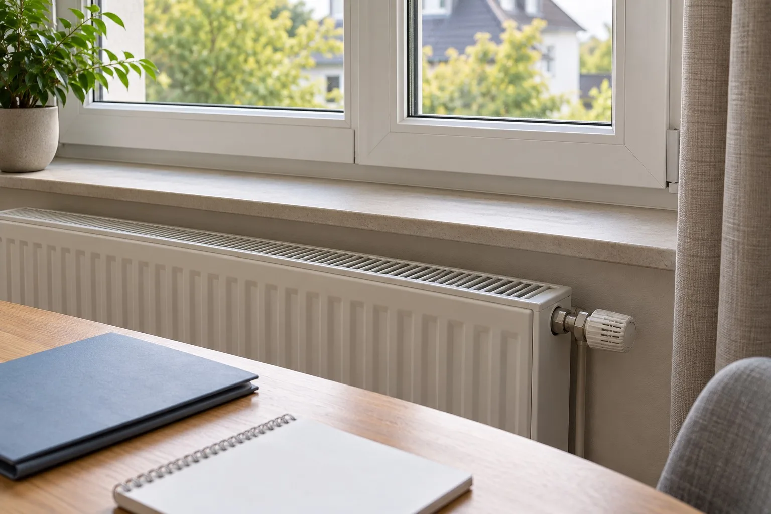 Fenster und Heizkörper neben einem Tisch mit Dokumentenmappe und Notizblock.